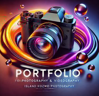 A sleek, modern DSLR camera with a large lens is centered on a vibrant, swirling background.
