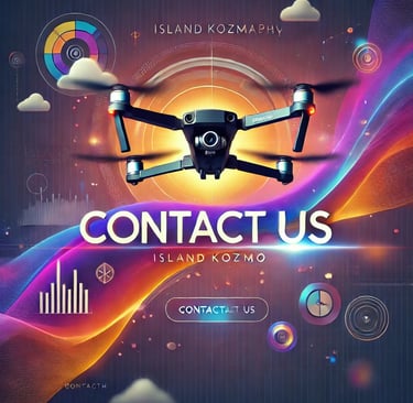 A sleek black drone hovers in the center of a vibrant digital-themed background.