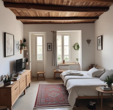 A hotel room with a neatly made bed featuring two yellow cushions and two bedside lamps providing warm lighting. A black and white headboard contrasts with the beige walls. In the foreground, a tray on a counter holds glass tumblers, mugs, and various coffee sachets. A promotional card for travel assistance leans against the tray.