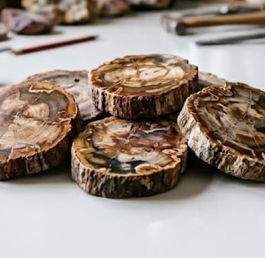 tranches de bois pétrifié