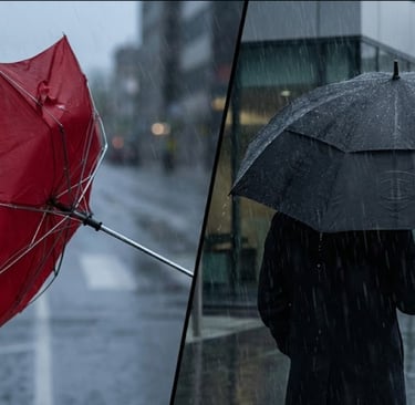 Perbandingan payung murah rusak vs payung premium kokoh.