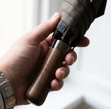 Close-up Print logo perusahaan yang subtil pada gagang kayu payung premium dari Istana Payung.