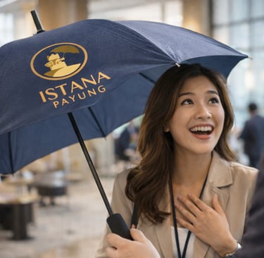 Seorang Wanita Senang saat Menerima Souvenir Payung Premium Istana Payung di Acara Seminat