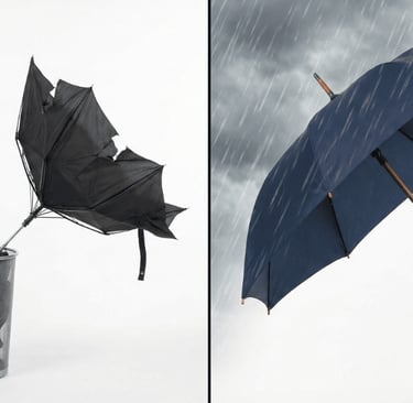 Perbandingan kualitas payung promosi murah yang rusak vs payung premium yang kokoh.