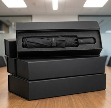 Souvenir payung premium dalam hardbox elegan siap bagi.