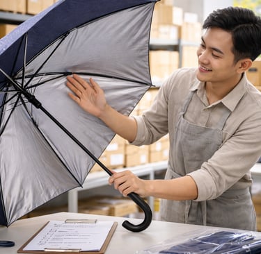 Quality Check payung di gudang sebelum dikirim ke pelanggan