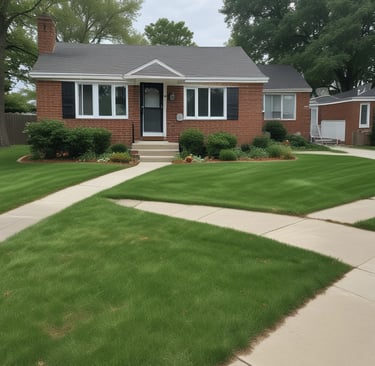 A well-maintained exterior of a house with light-colored siding and green-and-white striped awnings above the windows. A large, neatly trimmed shrub with numerous red flowers is positioned near the entrance, next to a small set of stairs leading to the front door. The bright sunlight casts soft shadows, suggesting a clear day.