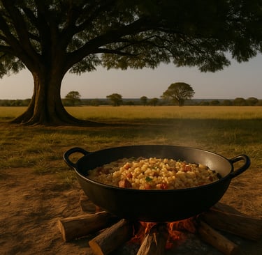 Tacho de ferro com arroz carreteiro sob a sombra de um jatobá, em cenário rural do cerrado goiano