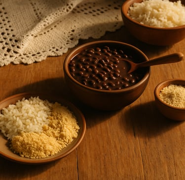 Prato tradicional brasileiro com arroz, feijão e farinha servido sobre mesa