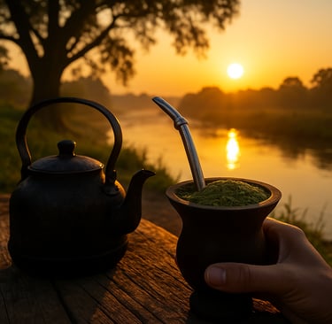 cuia de chimarrão no Sul do Brasil, paisagem de fim de tarde
