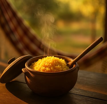 Cuscuz amarelo servido em prato de barro, ao lado de cuscuzeira artesanal sobre mesa rústica