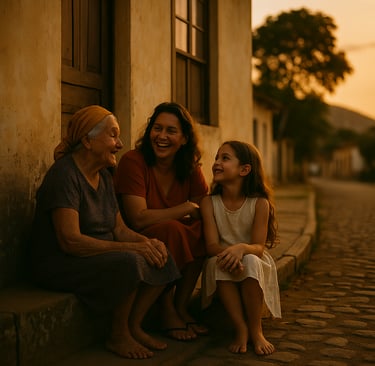 Três gerações de mulheres conversando na calçada ao pôr do sol em cidade do interior do Brasil