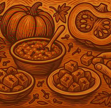 Ilustração tradicional mostra doce de abóbora com cravo em tigela de barro, rodeado por utensílios