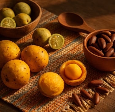 Frutos do Cerrado como pequi, baru e cagaita dispostos sobre pano artesanal e utensílios de madeira,