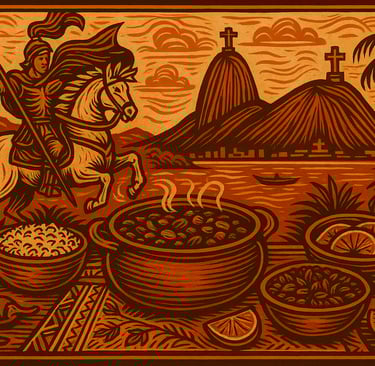 Feijoada tradicional servida no Rio, com São Jorge ao fundo, Cristo Redentor e elementos e