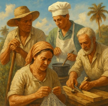 Trabalhadores brasileiros exercendo ofícios tradicionais: agricultor cozinheiro, artesã e marceneiro