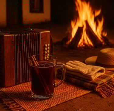Cena noturna de festa junina com vinho quente e sanfona, capturando o calor, a dança e a cultura bra