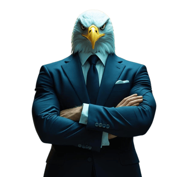 a humanoid American eagle specializing in digital marketing for local businesses with his arms cross