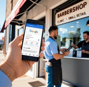 a man holding a phone in front of a barber shop after finding the business on Google