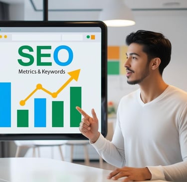 a man in a white shirt is pointing at a screen with a seo search