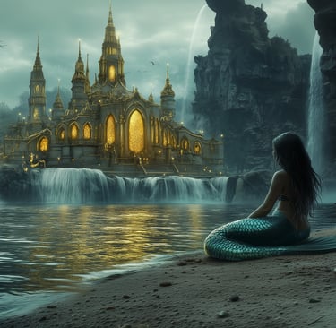 Mermaid sitting on the shoreline looking at an ancient glowing castle at dawn