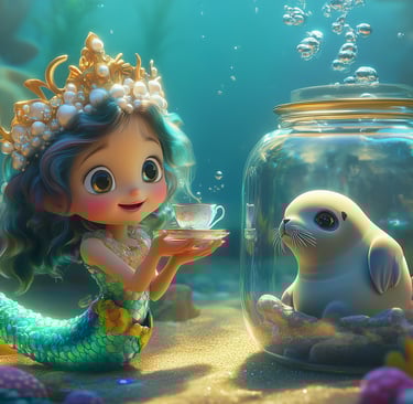 Sweet mermaid tea time with a friendly seal