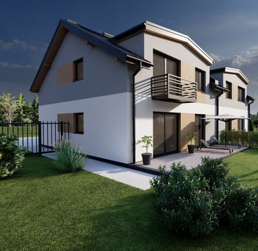 a house with a swing set in the grass