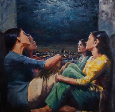 a painting of four women sitting on a rooftop at night staring at the moon