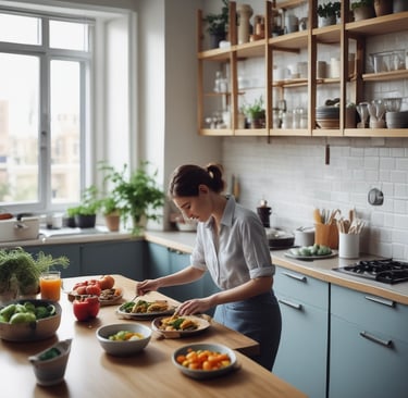 A woman in a kitchen enjoys a hot beverage from a small white cup. She is wearing a white robe and has long, straight dark hair. In front of her on a wooden mat are various breakfast items, including strawberries, a jar of honey, a plate with sliced cheese, and a bowl of cereal.