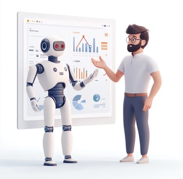 a man in a white shirt and a robot
