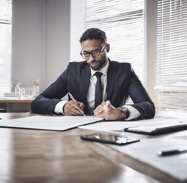 a man in a suit and tie is sitting at a desk