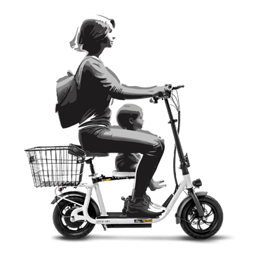 a person riding a scooter with a basket basket in the back