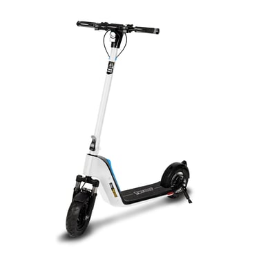 a scooter with a white and blue scooter