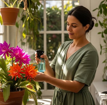 woman spraying orchid cactus in home