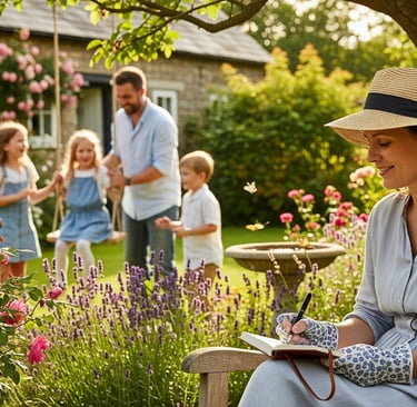 woman writing in garden with family playing on swing