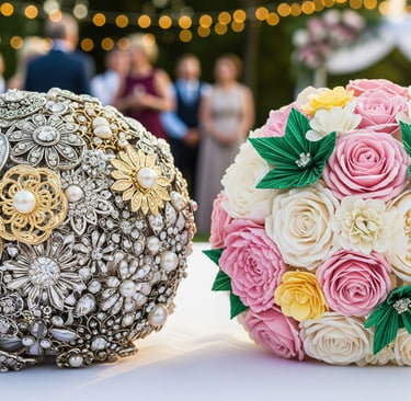 beautiful brooch and artificial flowers bouquet on wedding table
