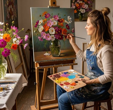 woman in art studio drawing flowers