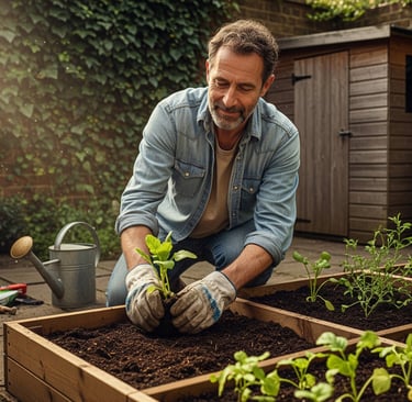 man planting in wooden container boxes