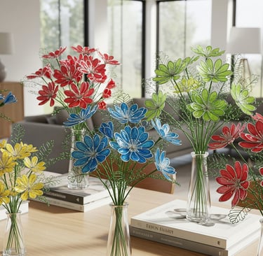 wire and nail polish flower bouquets on table