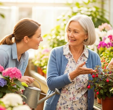 older and young women discussing fresh flowers