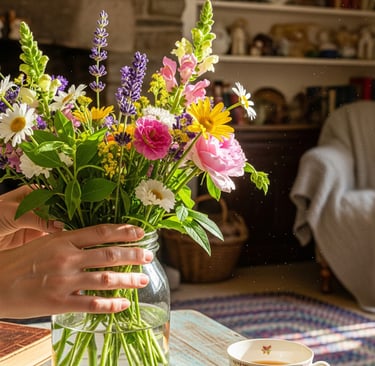 fresh flowers in glass jar with water 