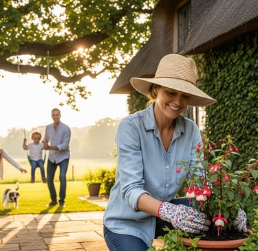 woman planting in container with family in background