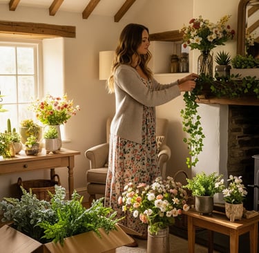 woman at home decorating with faux florals