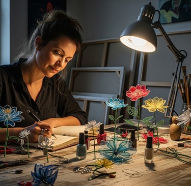 woman writing in book on table with wire flowers