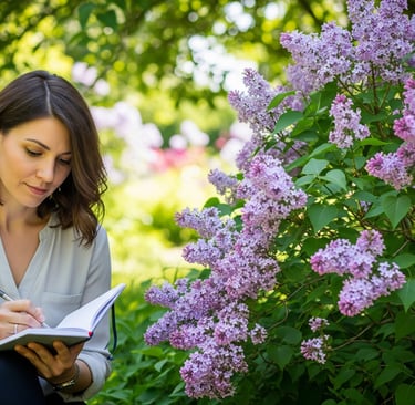 woman writing in notepad next to lilac flowers