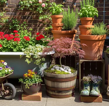 display of garden containers in back yard