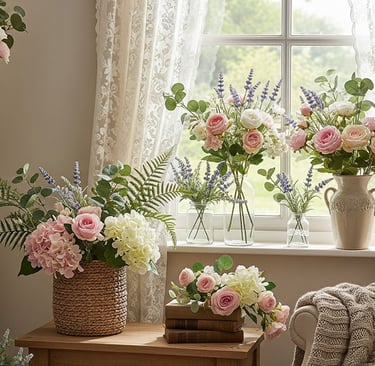 faux florals and greenery on and near window sill