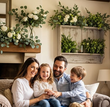 happy family in home decorated with faux florals