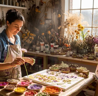 woman in art studio painting with flowers
