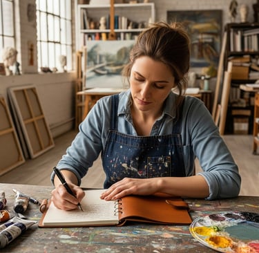 woman in art studio taking notes